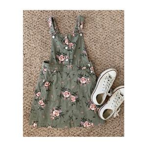 h&m green floral overalls